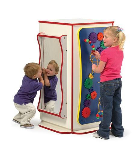 Playscapes Large Activity Cube with interactive gear panels, children playing and engaging with the activity panels and mirror, promoting developmental skills.