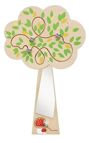 HABA Pro Tree Mirror Interactive Wall Decor, wooden tree-shaped mirror with green and yellow leaf patterns and playful birds for children's room decor.