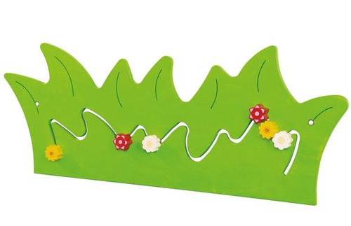 Blooming Meadow Interactive Wall Decor, green wooden wall panel with colorful flower and dragonfly embellishments and winding metal wire for imaginative play.