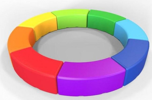 Playscapes Children's Eco Swerve Seating, colorful circular seating arrangement in rainbow colors including red, purple, blue, green, yellow, and orange.
