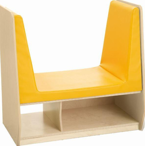 HABA Pro Grow.upp Relax & Chill Children's Bench, yellow cushioned seating with wooden frame and storage shelf underneath.