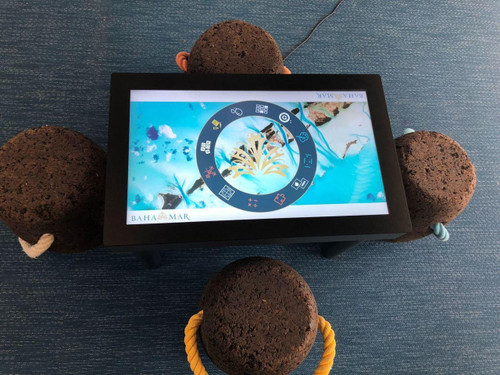 After Mouse Interactive Play Touch Table with Custom Company Logo, children's interactive toy table with a digital screen, surrounded by brown textured balls on a blue rug.