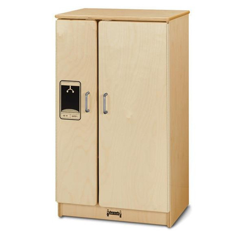 Jonti-Craft Culinary Creations Play Kitchen Toy Refrigerator, wooden mini fridge with silver handles and black decorative panel on door.