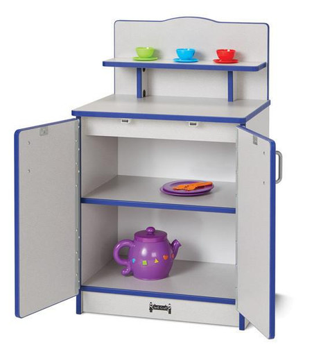 Jonti-Craft Culinary Creations Play Kitchen Cupboard - Rainbow Accents, children's play kitchen cupboard with colorful accents, open doors, purple teapot, plates, and toy food inside.