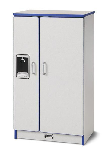 Jonti-Craft Culinary Creations Kitchen Toy Refrigerator - Rainbow Accents, toy refrigerator with white doors, silver handles, and blue accents.