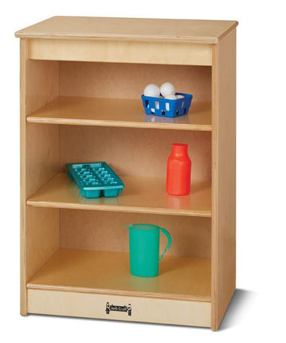 Jonti-Craft Toddler Kitchen Toy Refrigerator, wooden toy refrigerator with colorful plastic pretend food and drink accessories inside.