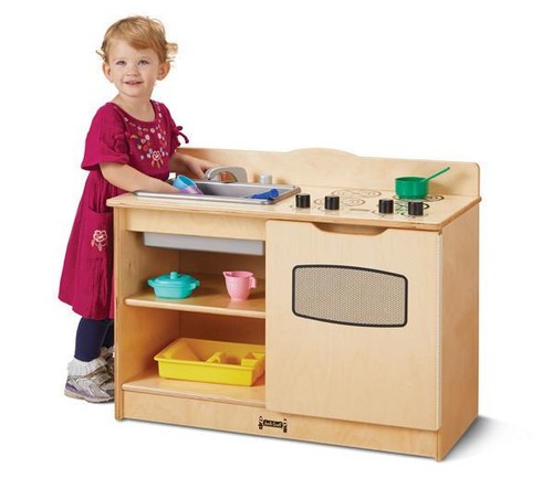 Jonti-Craft Toddler Play Kitchenette, children playing with a wooden toy kitchen with stove, sink, and shelves for kids' imaginative play.