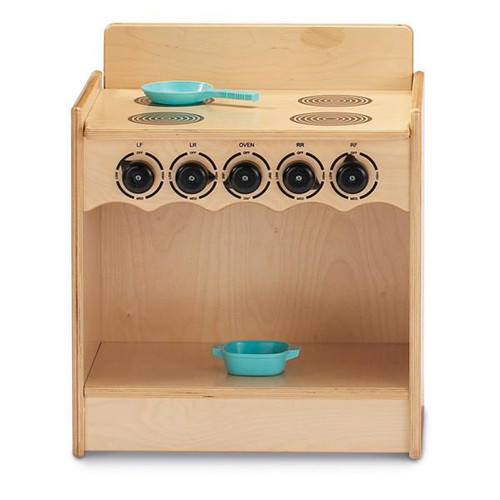 Jonti-Craft Contempo Toddler Kitchen Toy Stove, wooden play kitchen with stove burners, oven, and a blue pot and spoon for pretend cooking.