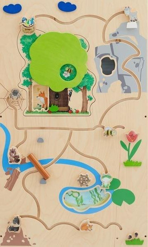 HABA Pro The Forest Activity Wall Panel Toy, wooden wall-mounted play panel with a large green tree, animals, water features, and interactive elements for children.