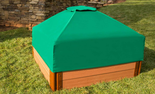 Frame It All Square Sandbox with Collapsible Cover - 4' x 4' x 11", outdoor sandbox with wooden frame and bright green collapsible cover on a grassy yard.