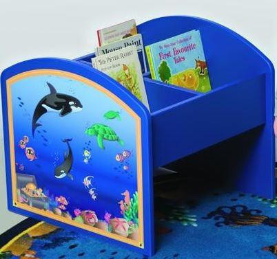 Playscapes Seascape Kinderbox Book Browser, a blue children's storage unit with a colorful ocean-themed front panel and open compartments holding books.