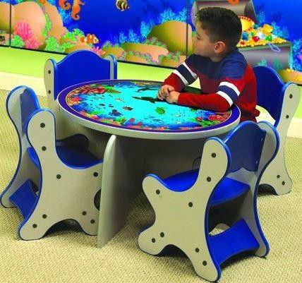 Playscapes Seascape Play Table, children playing interactive water-themed table with aquatic graphics and colorful environment in the background.