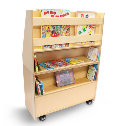 Whitney Brothers Deluxe Mobile Book Library, Wooden Children's Rolling Book Storage Unit with Multiple Shelves and Books on Display.