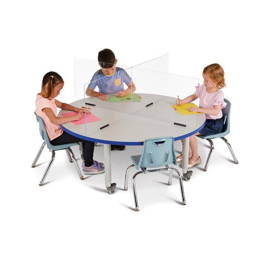 Jonti-Craft See-Thru Table Divider Shields - 4 Station, 3 Sizes, transparent acrylic shields separating children at a round activity table for safety and social distancing.