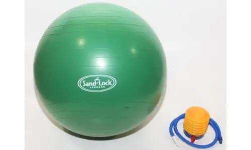SandLock Watershed Sandbox Ball, green large exercise ball with SandLock logo, accompanied by a set of small yellow and orange soft balls with blue handles.