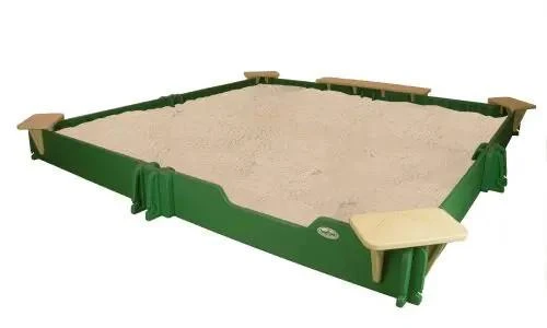 SandLock Sandbox Vented Vinyl Cover 10' x 10' , green sandbox with vented vinyl cover and beige corner seats designed for outdoor play