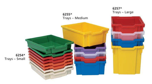 Playscapes Gratnell Trays, colorful assortment of small, medium, and large trays stacked and displayed for storage and organization.