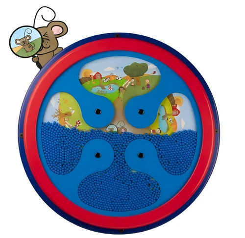 Playscapes Where is Mousy? Round Wall Toy, colorful circular wall toy featuring a farm scene and a Mousy character holding a magnifying glass.
