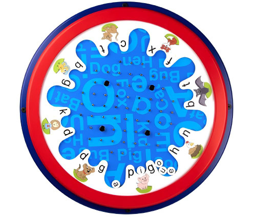 Playscapes C-V-C Word Sorter Round Wall Toy, circular educational toy with colorful animal illustrations and movable letter tiles for sorting consonant-vowel-consonant words.
