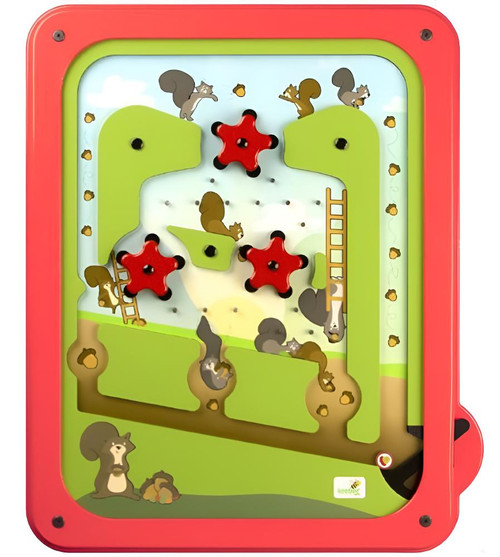 Playscapes Acorn Pinball Activity Wall Panel, colorful interactive toy with squirrel-themed design, red knob, ladders, and multiple acorn shaped pinball features for children.
