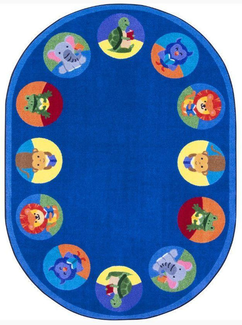 Playscapes Animal Readers Carpet, colorful oval children's carpet with animal illustrations and reading themes around the border.