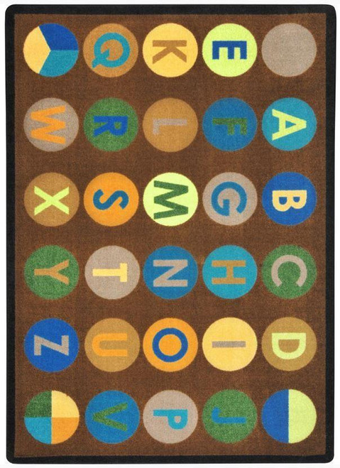 Playscapes Alpha Dots Earthtone Carpet, an educational classroom rug with colorful alphabet letters on earthtone background.