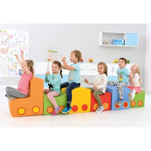 Moje Bambino Rainbow Train Soft Foam Climber Set, colorful soft foam train with children playing and sitting on it in a classroom or playroom setting.