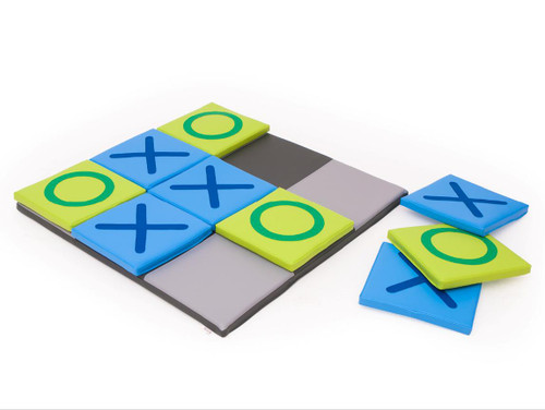 Moje Bambino Giant Tic Tac Toe Floor Game, large foam tiles with tic tac toe grid and game pieces featuring X and O symbols.