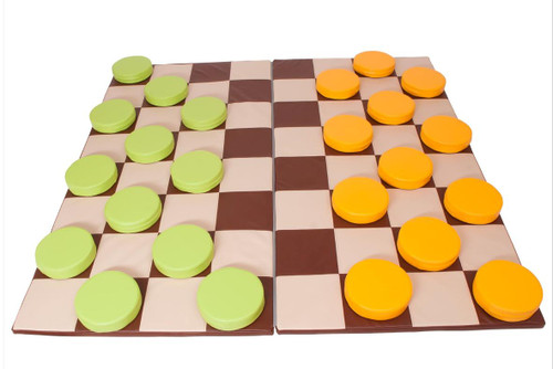 Novum Giant Checkers Floor Game, large checkers game on a checkered board with green and orange checkers.