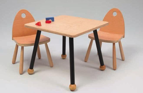 Playscapes Ellipse Kid's Chairs, small wooden chairs with rounded backrests and a square wooden table with black legs.