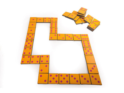 Novum Giant Dominos Floor Game, large orange domino tiles with pink dots arranged on the floor to form a game pattern.