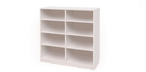 Moje Bambino Cityscape Double Cabinet, white storage cabinet with multiple shelves for organizing books, toys, and household items.