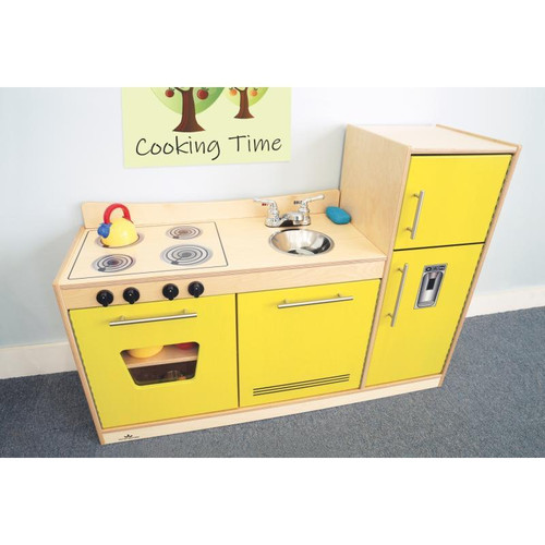 Whitney Brothers Contemporary Play Kitchen Combo, child-sized wooden play kitchen with yellow cabinets, a pretend stovetop, a sink with faucet, and storage compartments, perfect for kids' pretend cooking activities.
