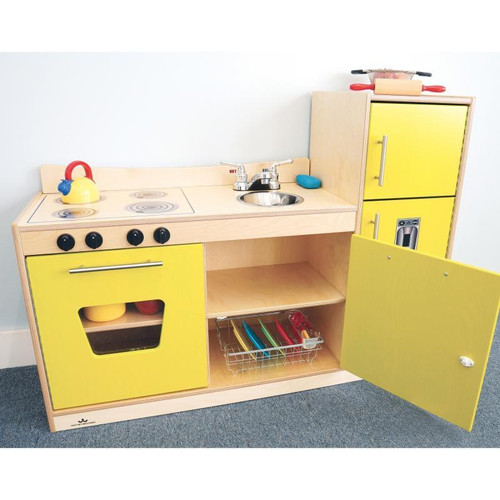 Whitney Brothers Contemporary Play Kitchen Combo, wood play kitchen with yellow cabinet doors, stovetop, sink, washing machine, and toy cookware and utensils