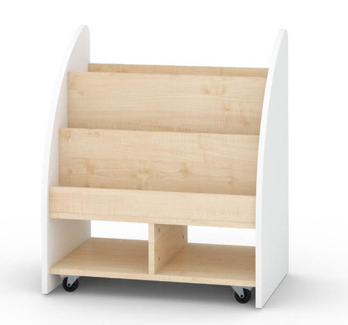 Moje Bambino Bookcase with White Sides, a children's book storage unit featuring multiple tiers and open shelves for organizing books and toys.
