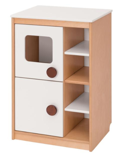 Moje Bambino Pretend Kitchen Wooden Microwave Center, children's play kitchen storage unit with a simulated microwave and shelves.