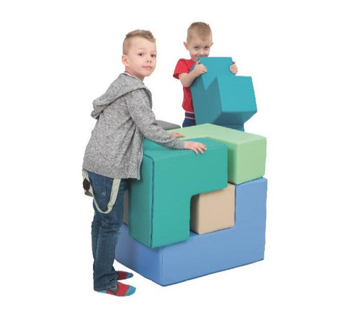 Novum Mini Build-A-Cube Puzzle Soft Blocks, two children playing and stacking colorful soft foam cube blocks for building and learning.