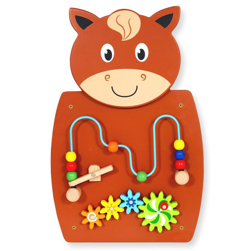 SPARK & WOW Horse Activity Wall Panel, colorful wooden activity wall with beads, gears, and a cute horse face