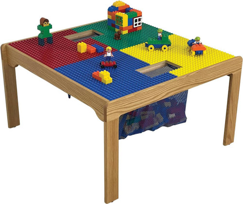 Synergy Management Fun Builder Wooden DUPLO® Table - 32" x 32" with colorful LEGO Duplo bricks, building blocks, and playful mini-figures on a wooden table for kids' creative play.