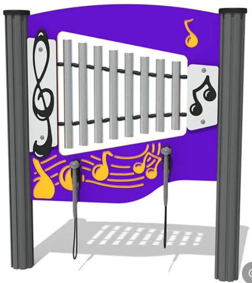Playground Prodigy Genius Maker Glockenspiel Outdoor Musical Play Panel, colorful outdoor musical playground equipment with metal bars and musical notes design.