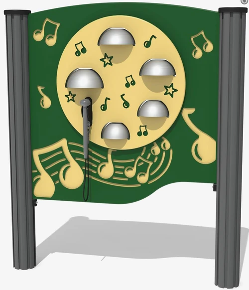 Playground Prodigy Genius Maker 5 Bells Outdoor Musical Play Panel, green and yellow panel with musical note and star designs, five bells, and a drumstick for children to play melodies.