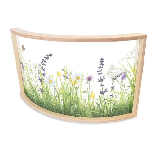 Whitney Brothers Nature View Curved Divider Panel 24" H, a wooden fence with a colorful nature scene of grass and flowers printed on it.