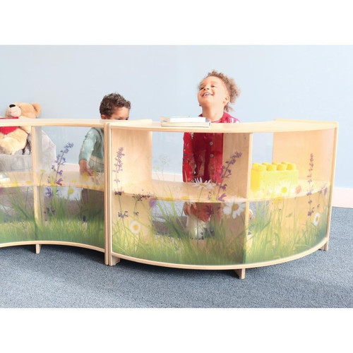 Whitney Brothers Nature View Curve Out Cabinet 24" H, a child-friendly curved wooden storage cabinet with nature-themed design, including floral and grass patterns, suitable for playrooms or educational spaces.
