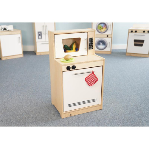 Whitney Brothers Contemporary White Toy Dishwasher and Microwave, miniature wooden toy kitchen set for children with realistic appliances and accessories.