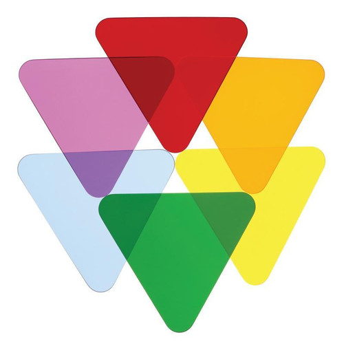Whitney Brothers 6 Color Wheel Triangles for Light Tables, set of six transparent, colorful triangles in red, purple, yellow, blue, green, and orange, overlapping each other.