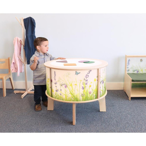 Whitney Brothers Nature View Radiant LED Light Table, children playing with educational wooden table decorated with nature-themed illustrations.