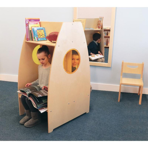 Whitney Brothers Two Sided Reading Pod, children reading books on both sides of the wooden reading pod in a classroom setting.