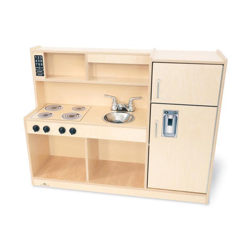 Whitney Brothers Let's Play Toddler Play Kitchen Combo - Natural, wooden toy kitchen with stove, sink, microwave, and storage compartments.