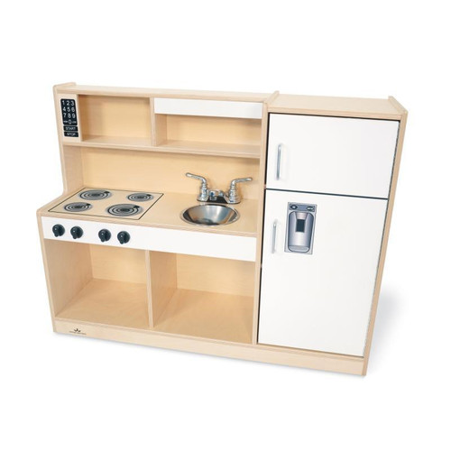 Whitney Brothers Let's Play Toddler Play Kitchen Combo - White, Wooden toy play kitchen with stovetop, sink, and refrigerator, designed for children to play and learn.