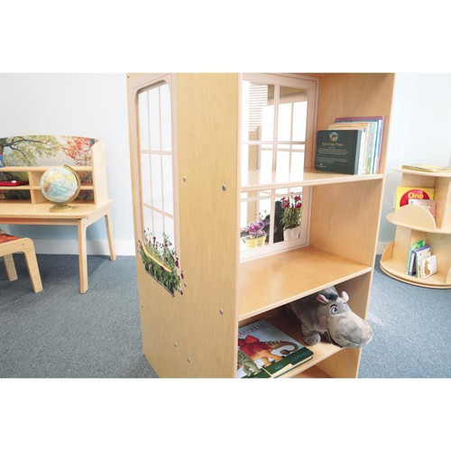Whitney Brothers Nature View Window Seat, wooden children's furniture with windows and bookshelf, in a colorful classroom setting.